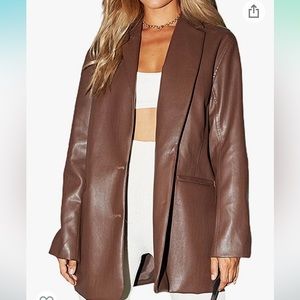 Women Faux Leather Blazer, Button Down, Oversized, Brown NEVER WORN